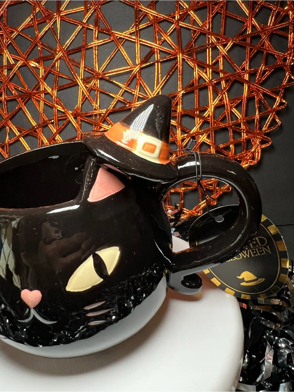 Halloween Black Cat Shaped Ceramic Mug with Witch Hat Handle Kitty Kitten